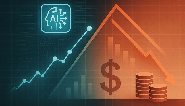 rising AI-driven growth contrasted with a declining financial graph