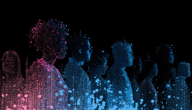 digital human figures made of particles and light trails