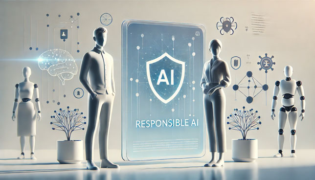 Two figures, one male and one female, stand beside a transparent digital interface displaying AI symbols like neural networks, code, and a shield, against a clean blue gradient background.