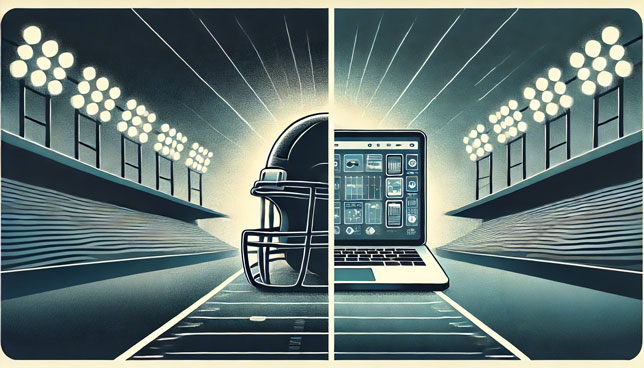 illustration of a football stadium with helmet on the left and laptop with ed tech icons on the right