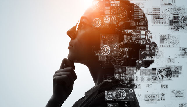 Profile silhouette of a person thoughtfully touching their chin, overlaid with transparent data visualizations and digital interface elements suggesting artificial intelligence and analytics.