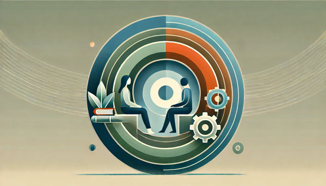 human figures surrounded by precise arcs with book and gear icons