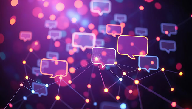 Abstract glowing network nodes forming conversation bubbles