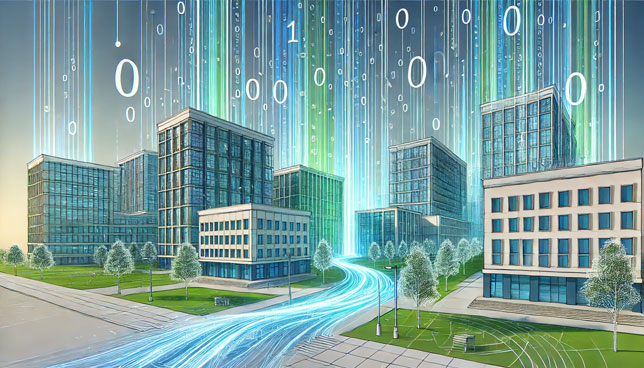 illustrated university campus with modern buildings, glowing binary code streaming straight and dynamically from multiple directions, integrated into the architecture, surrounded by stylized trees, grass, and walkways