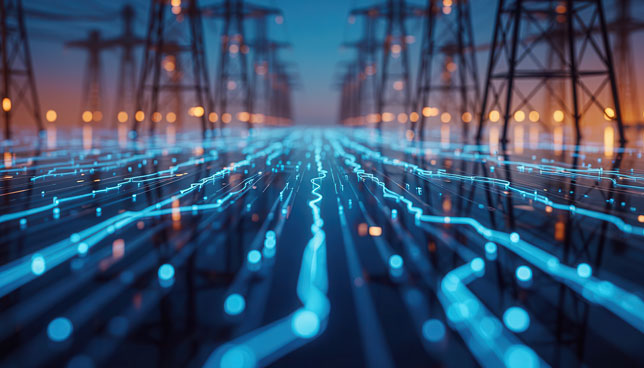 glowing circuit board lines and high voltage power transmission towers 
