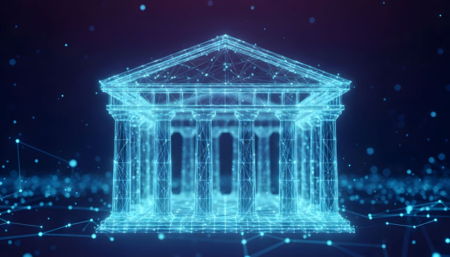 Blue digital wireframe classical building structure