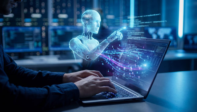 human typing on keyboard with holographic AI agent