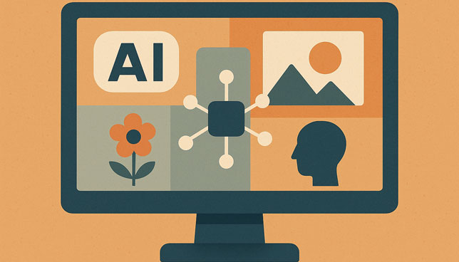 computer monitor displaying a collage of AI-related icons