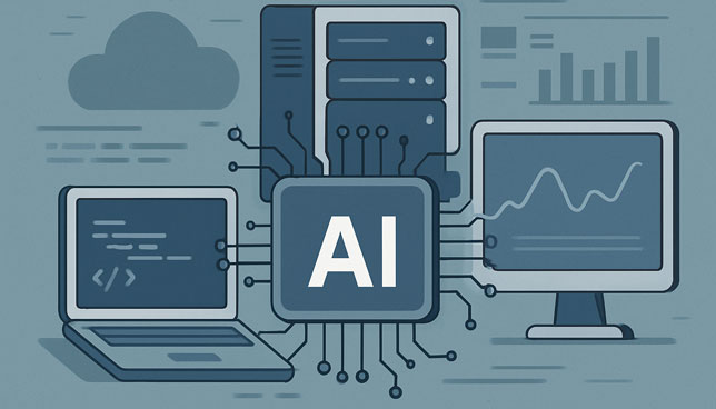 Stylized illustration of an AI microchip connected to a laptop, server rack, and monitor with a chart