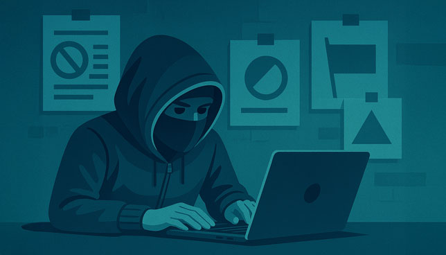 hooded figure types on a laptop, with abstract manifesto-like posters taped to the wall behind them