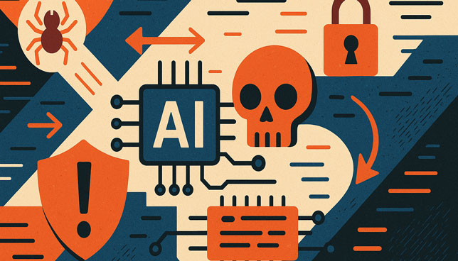 AI microchip under cybersecurity attack, surrounded by symbols of threats like a skull, spider, lock, and warning shield