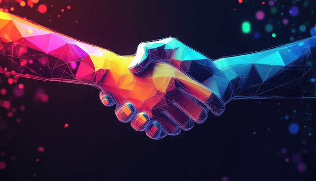 Colorful digital - style handshake with polygonal patterns and network lines