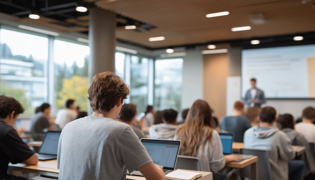 Student classroom scene with diverse learners attentively engaging in lecture, using laptops