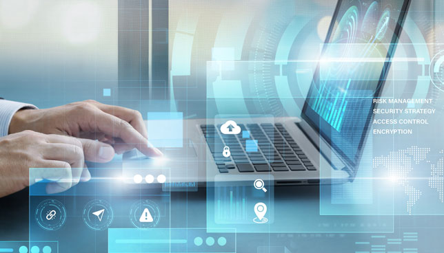 Businessman using laptop to analyze and control information security data