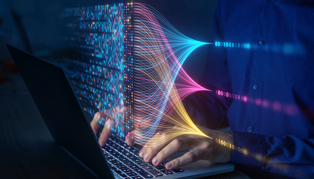 Data scientist computing, analysing and visualizing complex data set on computer.