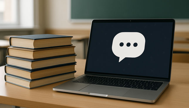 classroom desk with a stack of textbooks next to an open laptop displaying a chat bubble icon on screen