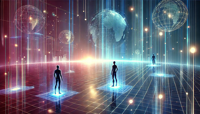 abstract human figures stand on a glowing grid floor in a vibrant digital landscape with floating holographic buildings, luminous data orbs, and a neon blue and purple gradient sky