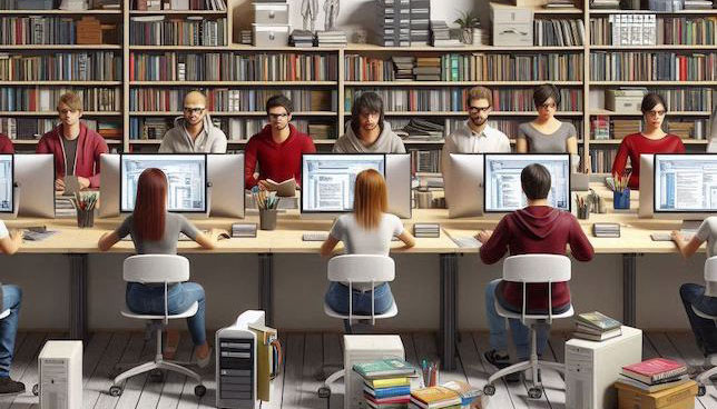 row of students using computers in a library