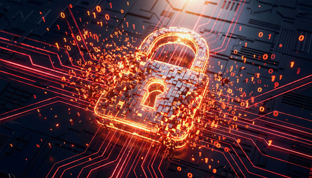Glowing digital padlock breaking into tiny cubic fragments over complex circuit board background