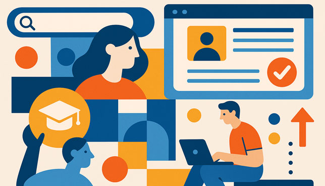 stylized figures, resumes, a graduation cap, and a laptop interconnected with geometric shapes