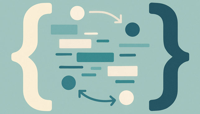 two large brackets facing each other with various arrows, circles, and rectangles flowing between them