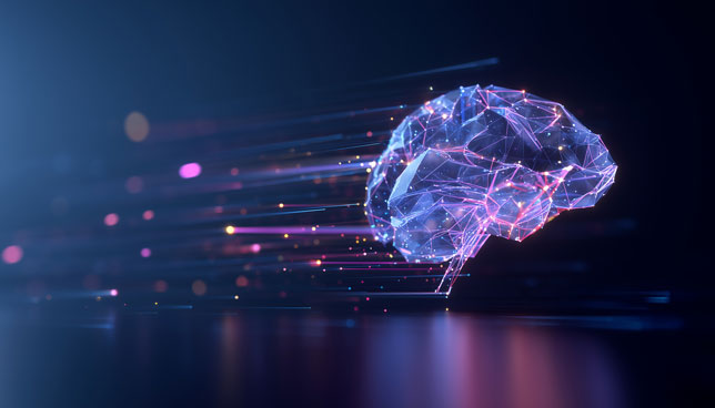 A glowing digital brain with neural connections and light trails