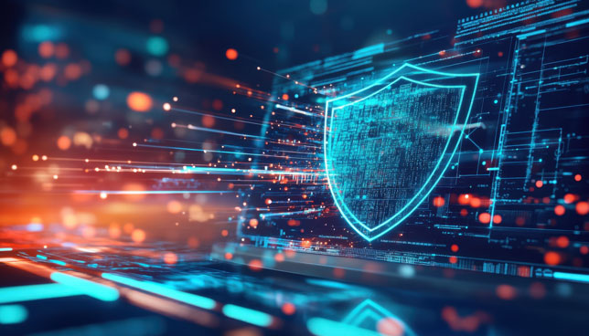 shield overlaying a monitor and digital data streams