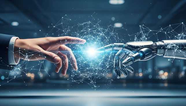 human hand in a business suit and a robot hand touching a glowing digital circle 
