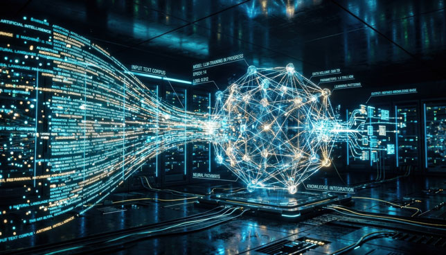 glowing data flow into abstract large language model