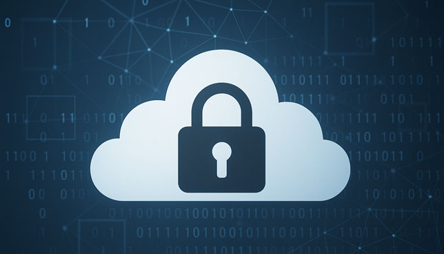cloud icon with a padlock overlay set against a digital background featuring binary code and network nodes