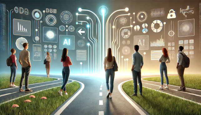 community college students stand at a glowing digital fork in the road