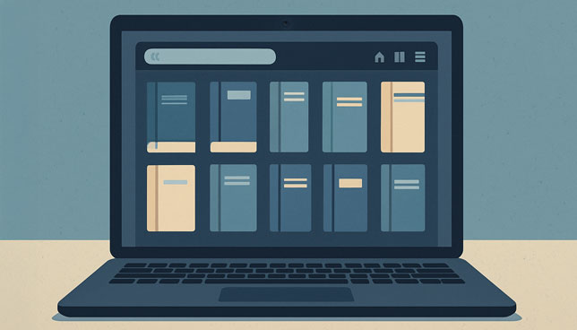 laptop displaying a digital bookshelf of textbooks on its screen