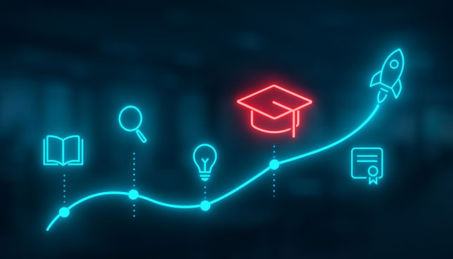 Educational path and career development growth with neon icons for study, idea, graduation, and success