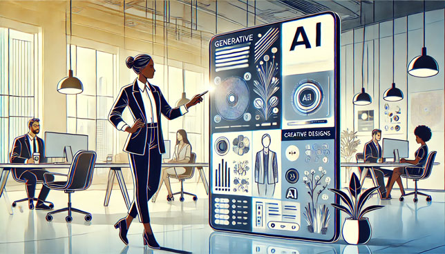 a professional worker in business casual attire interacting with a large screen displaying a generative AI interface in a modern office