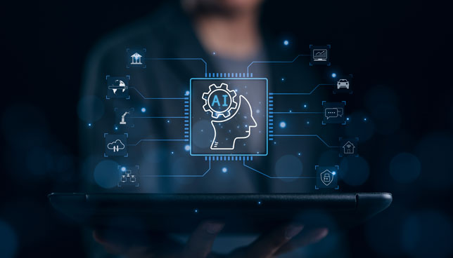 businessman holding tablet with holographic AI icons