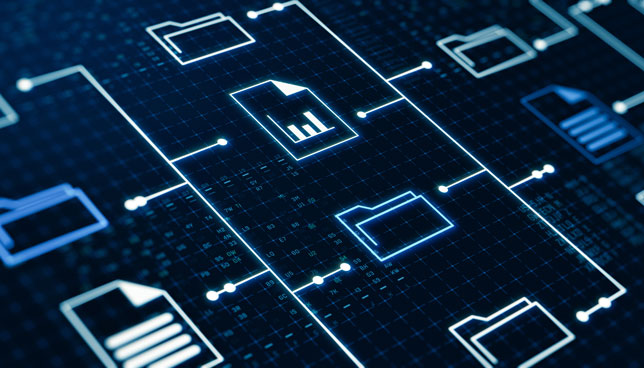 holographic interface of a file manager, folder structure with documents and data