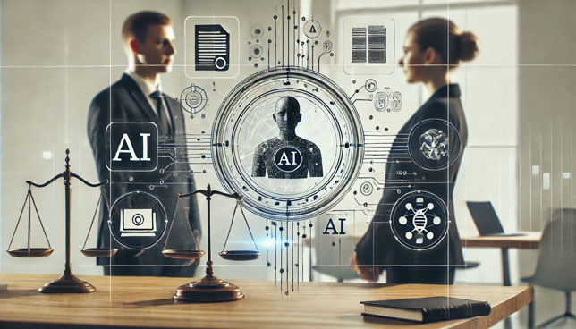 Two professionals, one male and one female, discuss AI regulations in a modern office with holographic displays showing legal documents, balance scales, and neural network symbols.