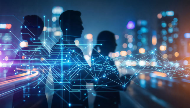 Silhouettes of business professionals stand against a blurred futuristic city skyline at night, with a glowing digital network data connection