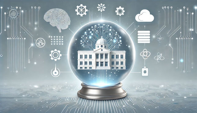 glowing crystal ball with a simplified university building inside, surrounded by seamlessly blended holographic symbols of binary code, a bar graph, database icons, and a cloud, against a gradient blue and white background with softly merging circuit patterns