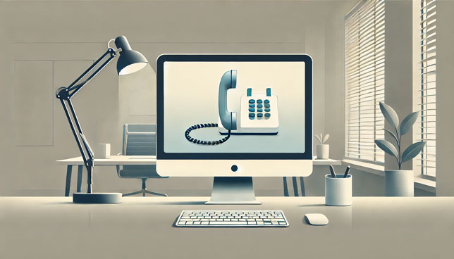 computer screen displaying a landline phone being unplugged from a single cord, with a modern office desk, keyboard, and subtle lighting in the background