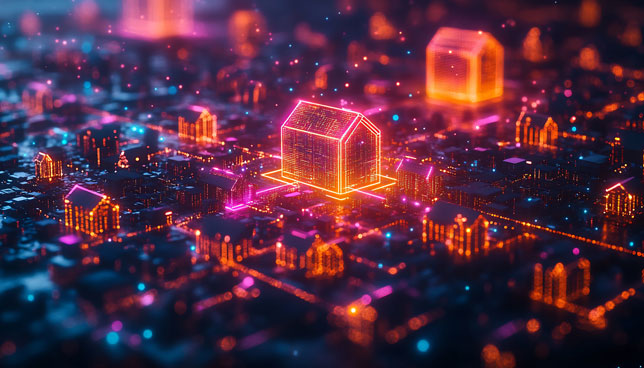 University campus with glowing data streams and security shields