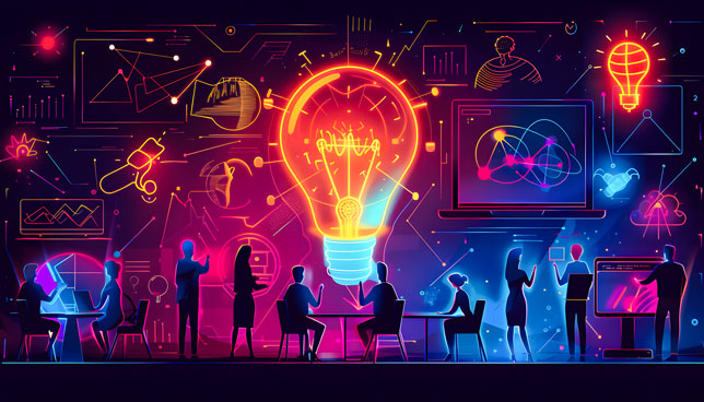 people collaborating around tables with a giant glowing lightbulb, surrounded by futuristic data visuals and technology icons