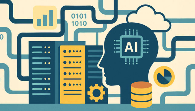 server racks, a human head with a microchip, data pipes, cloud storage, and analytical symbols