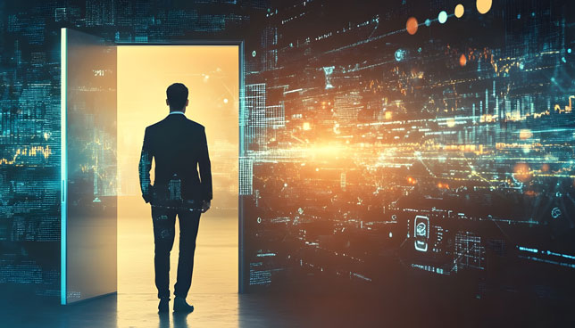 A man stands at the threshold of a wide open door, looking outward into a glowing, abstract digital landscape filled with light and network‑like patterns