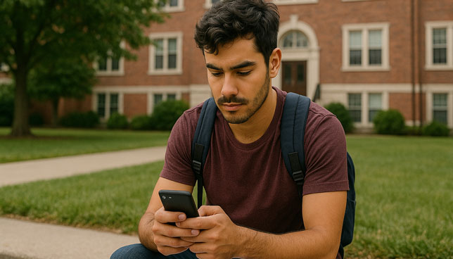 college student wearing a backpack sits on a campus walkway, looking down at his smartphone