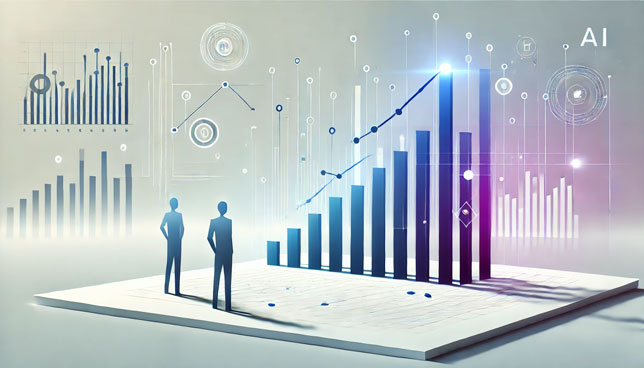 chart with ascending bars and two silhouetted figures observing it, set against a light background with blue and purple tones