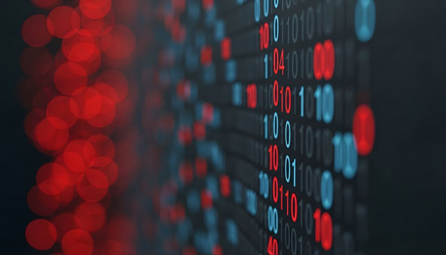 Binary code flows through a digital pathway with red and blue lights in a dark background