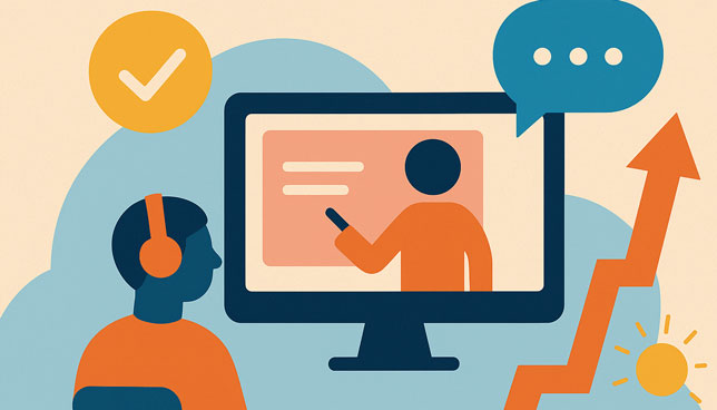 student with headphones engaged in virtual learning