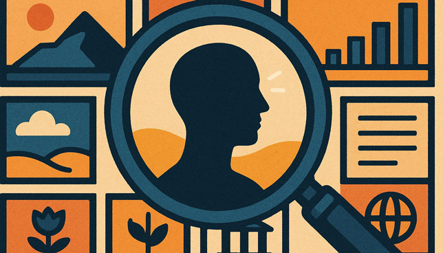 magnifying glass highlighting a human profile silhouette, set over a collage of framed icons including landscapes, charts, and education symbols