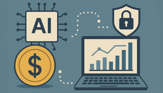 AI microchip, a cybersecurity shield with a lock, a dollar coin, and a laptop with financial graphs connected by dotted lines